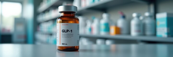 A focused image of a GLP 1 medication vial, set against a blurred background of pharmacy shelves, ideal for healthcare and pharmaceutical marketing.