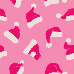 Pink Santa Claus hat pattern.  Seamless vector clip art. Vivid bold design.