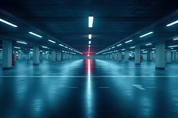 Fototapeta premium Empty Underground Parking Garage with Fluorescent Lighting