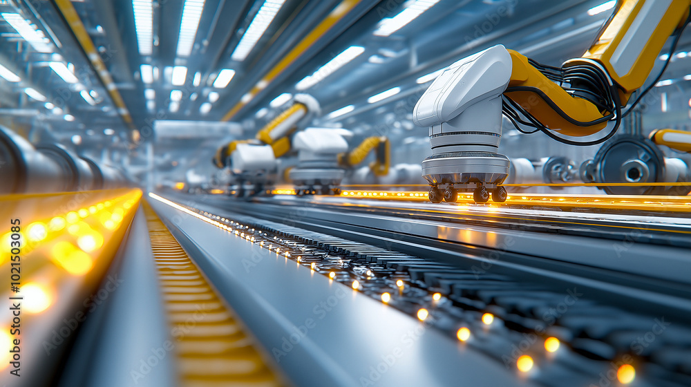 Poster futuristic factory with robotic arms working on production line, showcasing advanced technology and 