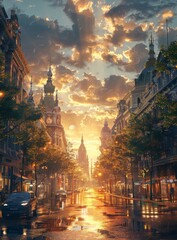 Naklejka premium Rainy Sunset Cityscape Illustration