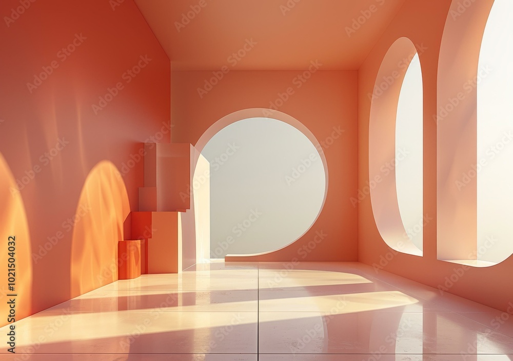 Poster 3d rendering of an empty room with a curved wall and large windows