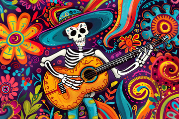 Fototapeta premium A skeleton dressed in a sombrero and playing a guitar, generative ai image.,