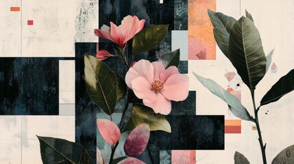 A painting of a flower with a pink center and green leaves