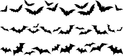 Naklejka premium Set bats border lines. Vector illustration, traditional Halloween decorative elements. Halloween silhouettes black flying bats pattern lines - for design decor. Traditional black bats frame lines.