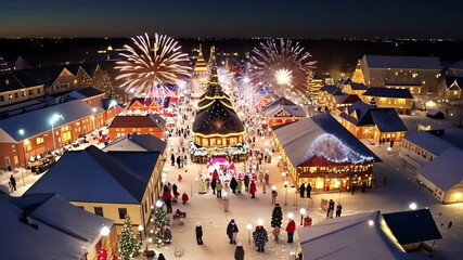 Winter festival lights up the town with fireworks and holiday cheer in a snowy evening celebration