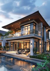Fototapeta premium Modern Villa by the Pool at Dusk