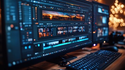 Computer desktop monitor screen display of photo video editing process with modern software background