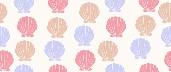 Vector flat illustration. Seamless sea shells. In cartoon style. Cute print in holiday concept. Ideal for gift wrapping, posters, covers, screensavers, textile decor, etc.
