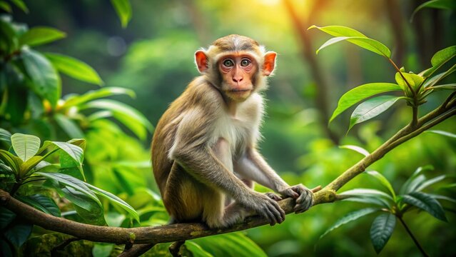 Playful female monkey sitting on a branch surrounded by lush greenery in its natural habitat
