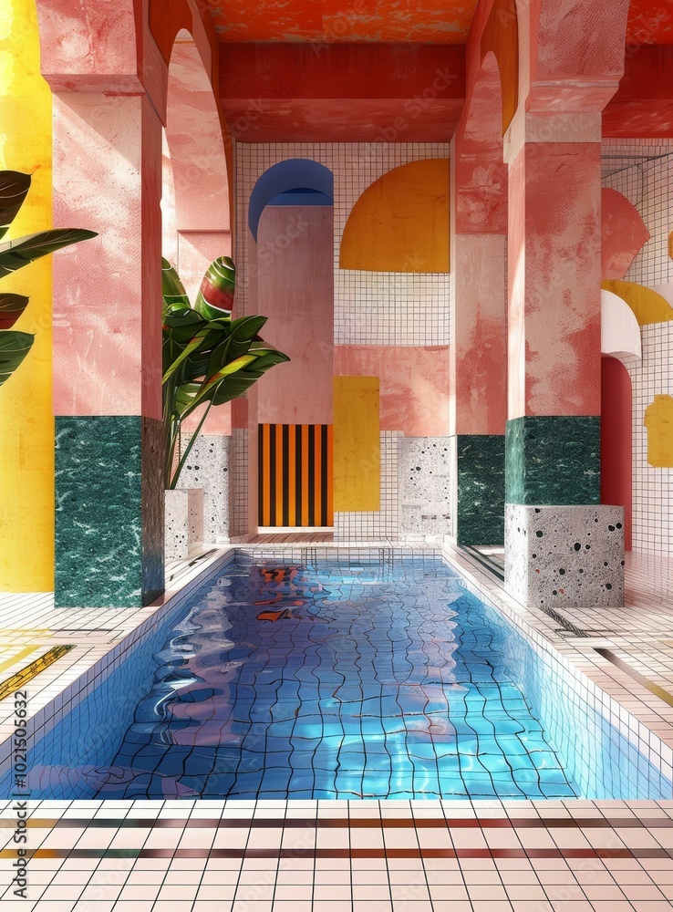 Poster a surreal and colorful 3d rendering of a swimming pool