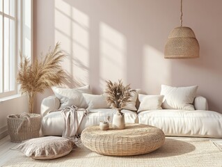 Blush pink walls paired with neutral furniture and a minimalist coffee table for a light, cozy family room