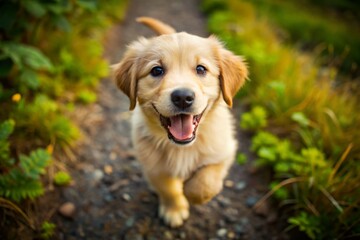 Playful golden retriever puppy exploring the outdoors with a joyful expression and wagging tail