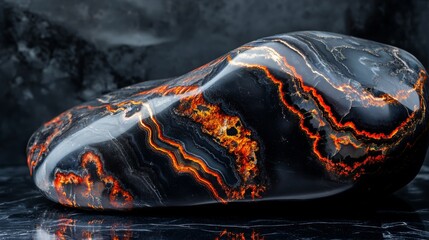 Naklejka premium A large black and orange rock with a red stripe