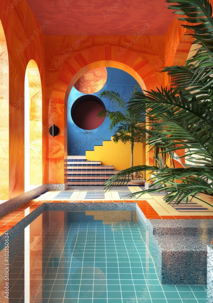 Poster a surreal and colorful 3d rendering of a swimming pool