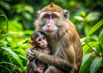 Obraz premium Playful Momma Monkey Holding Her Baby in a Lush Green Jungle Setting Capturing Maternal Love
