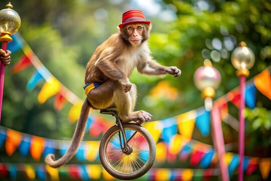 Playful monkey riding a unicycle in a vibrant outdoor setting showcasing animal circus antics