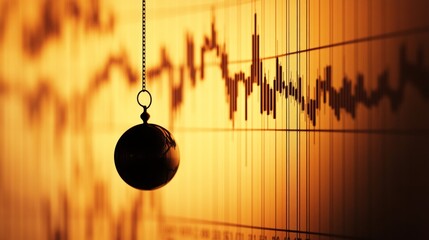 A clock hanging from a chain is suspended over a graph of numbers