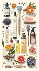 An illustration of various beauty products and natural ingredients.