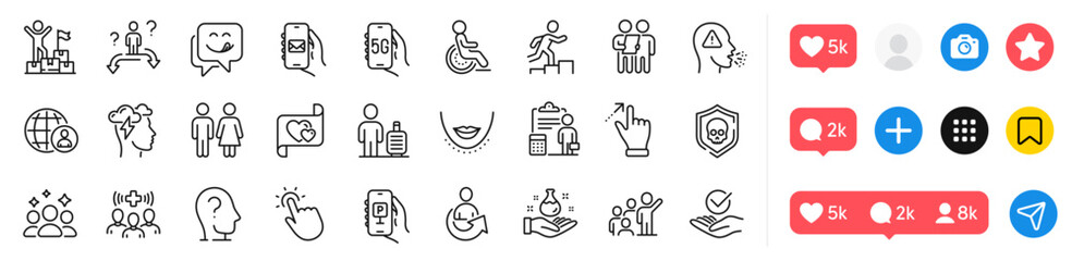 Fototapeta premium Parking app, Touchpoint and Approved line icons pack. Social media icons. Medical staff, Survey, Yummy smile web icon. Chin, Cough, Leadership pictogram. 5g internet, Baggage, Cyber attack. Vector