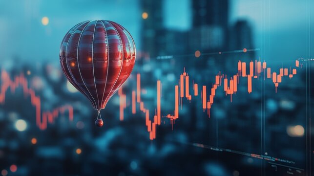 A red hot air balloon is floating above a graph of stock market prices