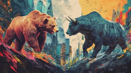 A bear and a bull are fighting in a city