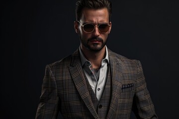 Obraz premium Modern businessmen in stylish suits and sunglasses on dark background.