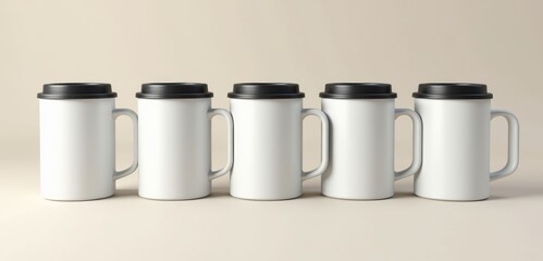 A set of clean, white mugs with black lids lined up against a neutral background, perfect for branding, product promotion, or coffee related projects.