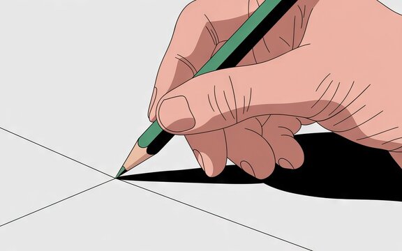 Hand drawing lines. Hand holding a green pencil drawing lines on white paper.