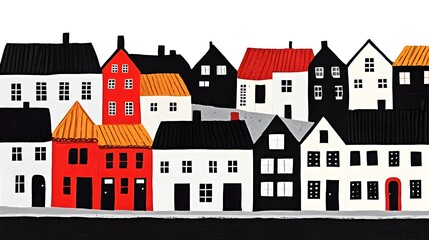 Naklejka premium Vibrant Scandinavian Street of Picturesque Nordic Architecture and Colorful Homes