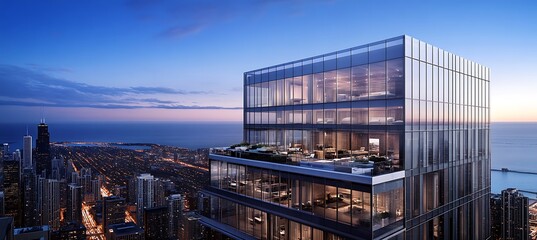A sleek, high-rise residential building with a glass exterior, rooftop amenities, and a modern design