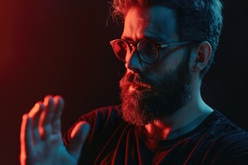 Cool bearded man in glasses poses against black background.
