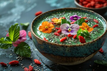 vibrant smoothie bowl chia seeds goji berries edible food flowers free vegetarian v vegan space healthy