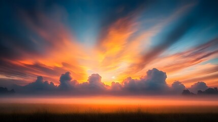 Obraz premium Breathtaking sunset landscape featuring a dramatic sky filled with fluffy whimsical clouds and a serene idyllic countryside scene with a golden hour ambience