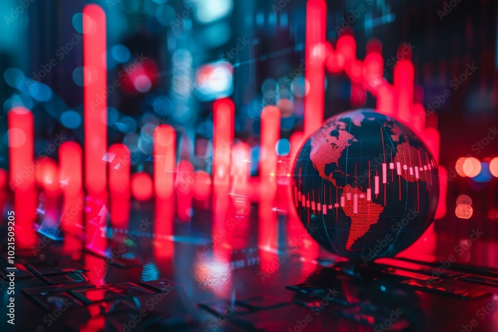 Poster red glowing globe with a graph representing the stock market in the background