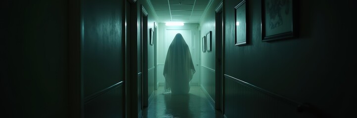 A haunting figure in a foggy hospital corridor, evoking feelings of mystery and suspense, perfect for horror themed content in film, literature, or media.