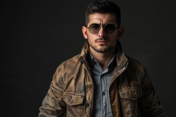 Fototapeta premium Confident man in jacket and sunglasses on dark background.