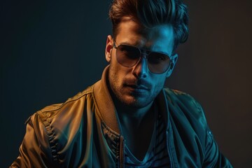 Obraz premium Confident man in jacket and sunglasses on dark background.