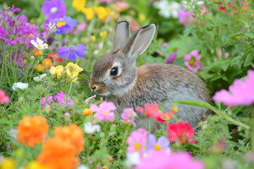 Fototapeta premium Rabbit in a Field of Wildflowers: A rabbit nibbling on grass in a colorful field of wildflowers, surrounded by natural beauty