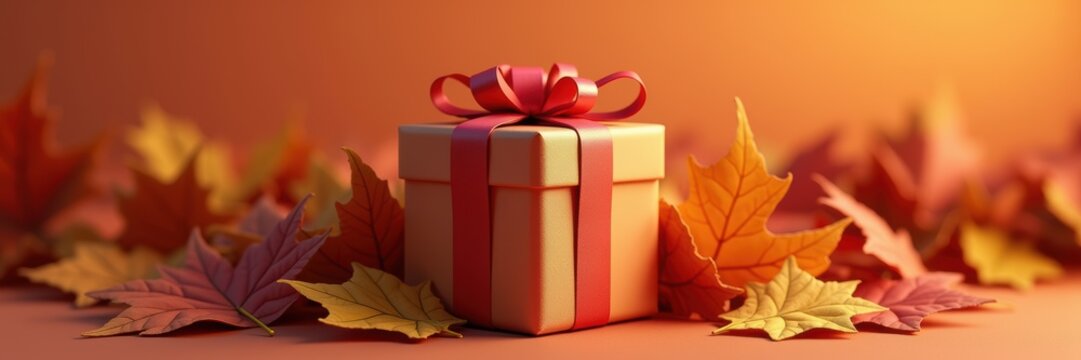 A beautifully wrapped gift box surrounded by vibrant autumn leaves, perfect for fall themed promotions or seasonal marketing materials.