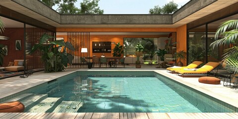 Courtyard house with swimming pool and tropical plants