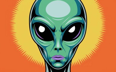 Obraz premium Alien portrait. Close-up of a green alien's face, with large black eyes and a serious expression. The alien appears to be staring directly at the viewer, conveying a sense of mystery and intrigue.