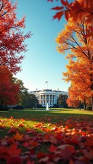 Naklejka premium A stunning autumn view of the White House, framed by vibrant fall foliage, capturing the essence of seasonal change in a historic American landmark.