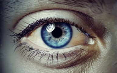 Obraz premium Blue eye close up. A close up of a blue eye with long eyelashes. The eye is looking to the side, giving a sense of mystery.
