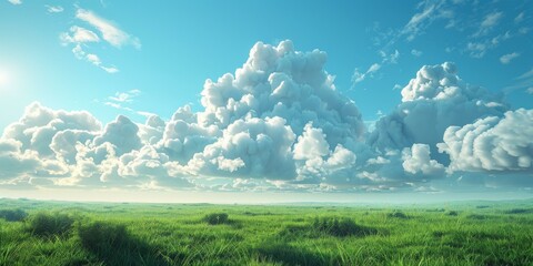 Fototapeta premium Vast Grassland Under a Sky of Fluffy Clouds