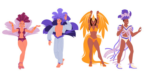 Brazilian carnival dancers in beautiful costumes set. Female and male characters in bikini and bright feathers dancing, posing on samba dance festival, fun party in Brazil cartoon vector illustration