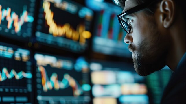 A businessman explores the Russian stock market through digital charts on a screen, embodying the dynamic essence of online finance in a virtual office.