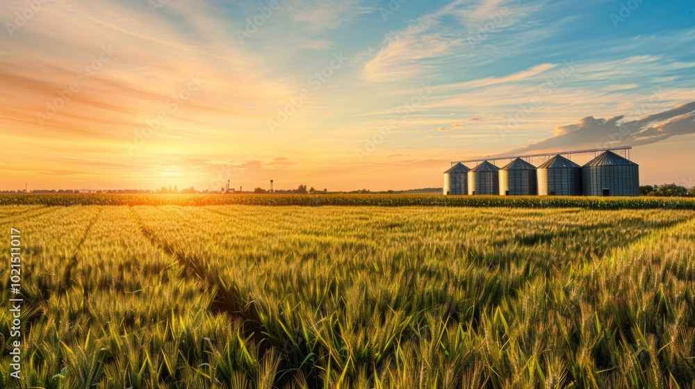 Poster a field of wheat with a sunset in the background