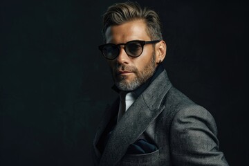 Fototapeta premium portrait of a man modern style suit fashion sunglasses dark background