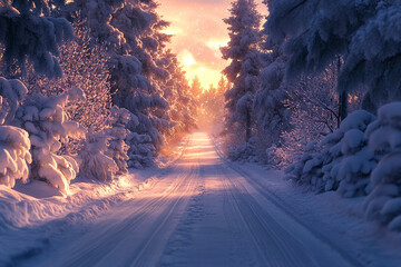 Golden Sunset Over a Snow-Covered Forest Path